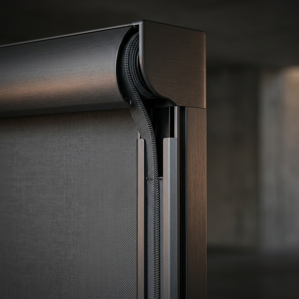 Close-up van zipscreen cassette en ritsgeleiding &mdash; premium afwerking