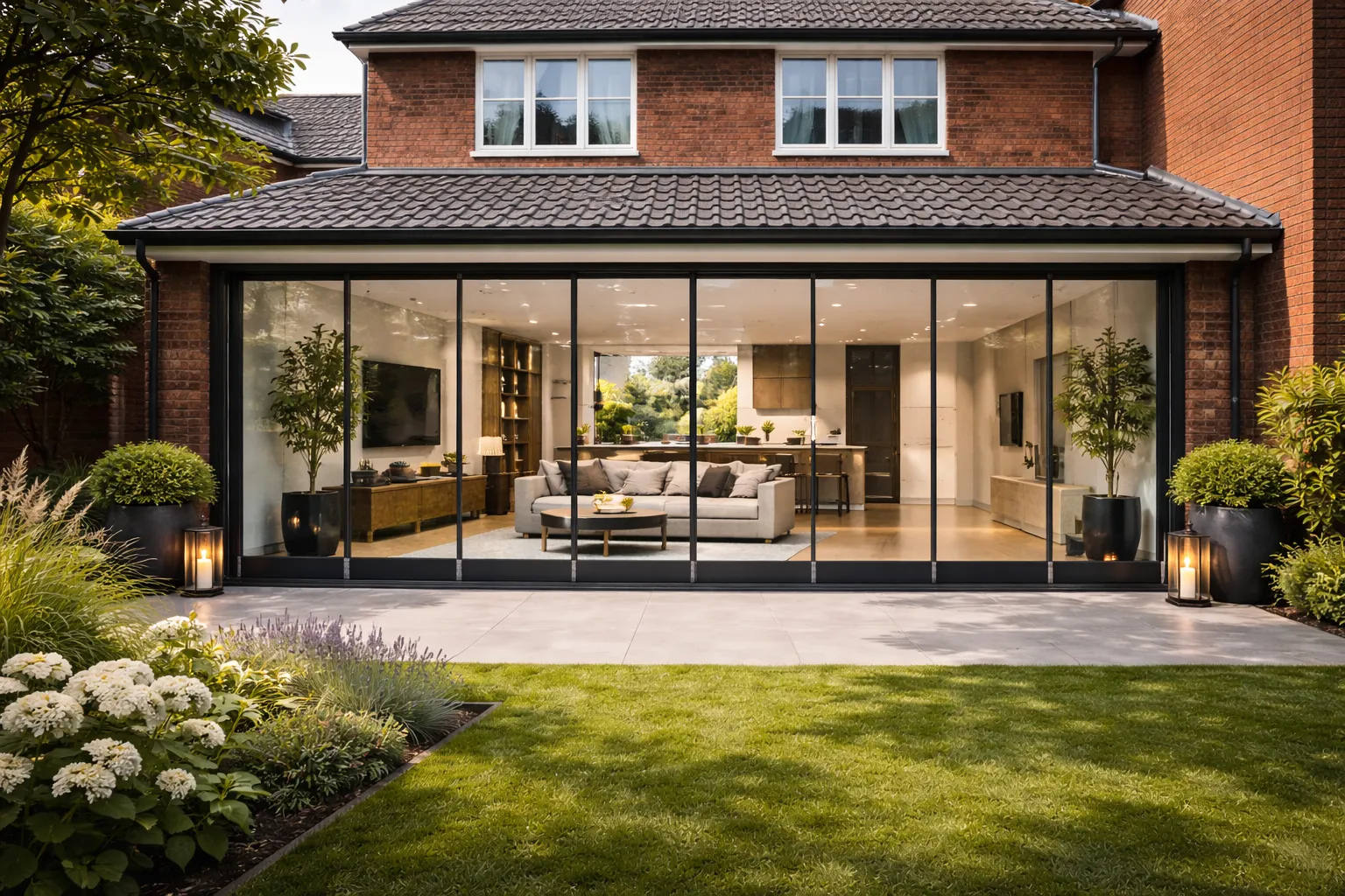 Glazen schuifwand tuin met overkapping